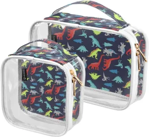 2 Pack Portable Travel Clear Cosmetic Toiletry Bags with Double Zippers for Men Women, Cute-dinosaur-pattern Waterproof Storage Carry Pouch with Handle, Tote Bags for Bathroom Traveling Vacation Orga