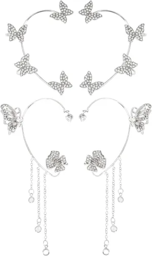 2 Pairs Earrings Ear Cuffs, Wrap Crawler Zircon Tassels Earrings, Fairy Right Left No Piercing Ear Clip Ear Jewelry Gift