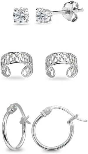 3 Pairs Sterling Silver Unisex Ear Cuff Cartilage Clip, 12mm Tiny Small Hoops & 3mm CZ Stud Earrings Set for Men Women