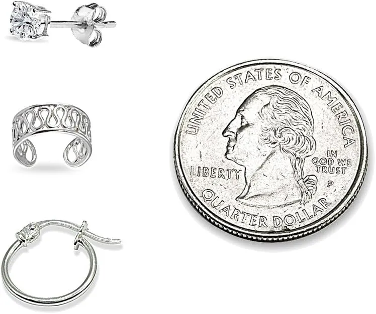 3 Pairs Sterling Silver Unisex Ear Cuff Cartilage Clip, 12mm Tiny Small Hoops & 3mm CZ Stud Earrings Set for Men Women