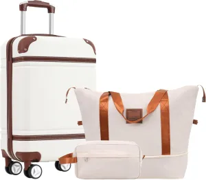3-Piece Luggage Sets with Duffel Bag & Toiletry Bag, Hardshell ABS Suitcases with Double Spinner Wheels, Lightweight Travel Suitcase Set with TSA Lock for Men and Women (White)