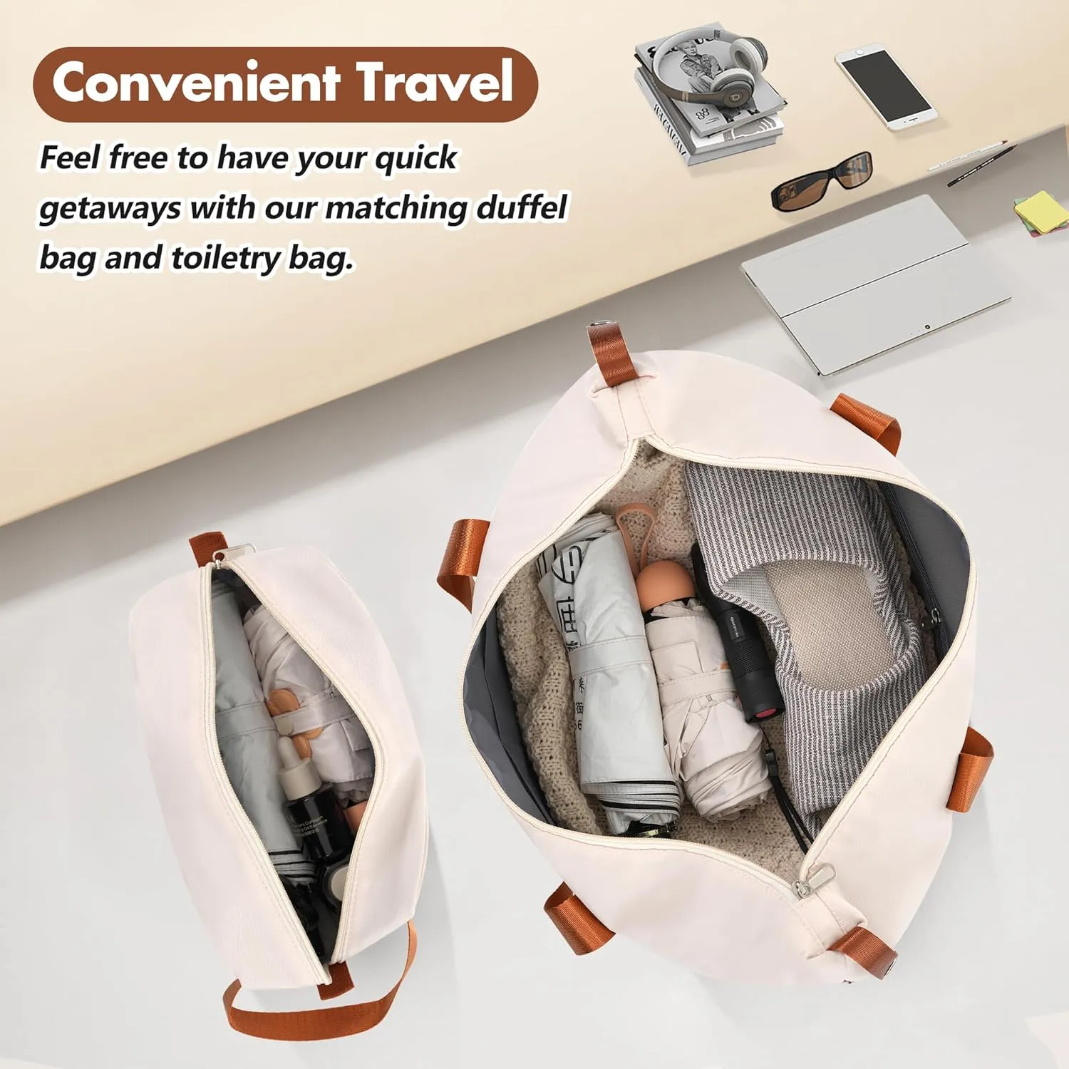 3-Piece Luggage Sets with Duffel Bag & Toiletry Bag, Hardshell ABS Suitcases with Double Spinner Wheels, Lightweight Travel Suitcase Set with TSA Lock for Men and Women (White)