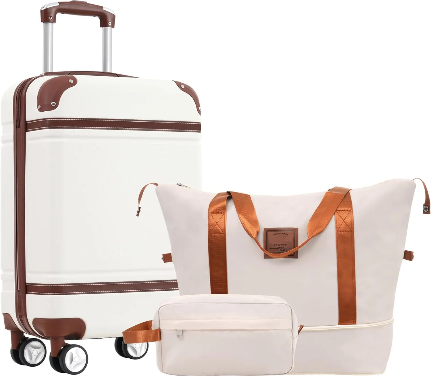 3-Piece Luggage Sets with Duffel Bag & Toiletry Bag, Hardshell ABS Suitcases with Double Spinner Wheels, Lightweight Travel Suitcase Set with TSA Lock for Men and Women (White)
