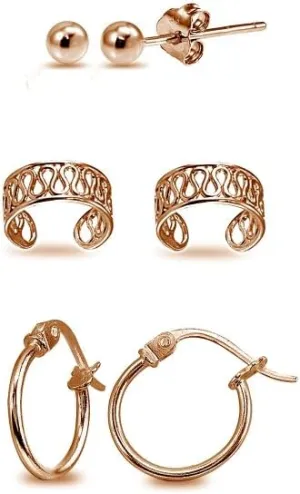 3 Pr Rose Gold Flash Sterling Silver Ear Cuff Cartilage Clip, 12mm Hoops & 3mm Ball Stud Earrings Set for Men Women
