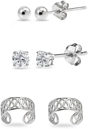 3 Prs Sterling Silver Unisex Filigree Ear Cuff Cartilage Clip, 3mm Round Ball Stud & CZ Stud Earrings Set for Men Women
