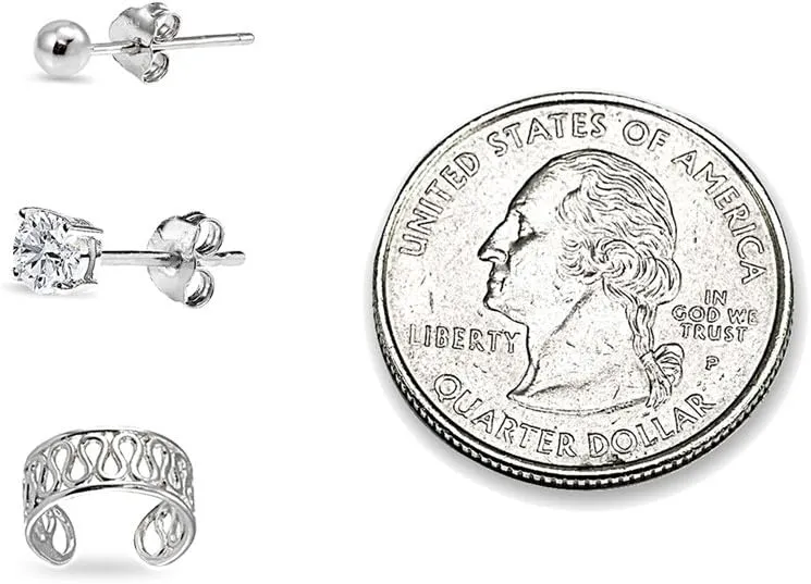 3 Prs Sterling Silver Unisex Filigree Ear Cuff Cartilage Clip, 3mm Round Ball Stud & CZ Stud Earrings Set for Men Women