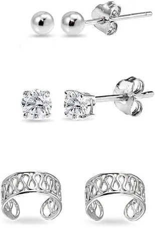 3 Prs Sterling Silver Unisex Filigree Ear Cuff Cartilage Clip, 3mm Round Ball Stud & CZ Stud Earrings Set for Men Women