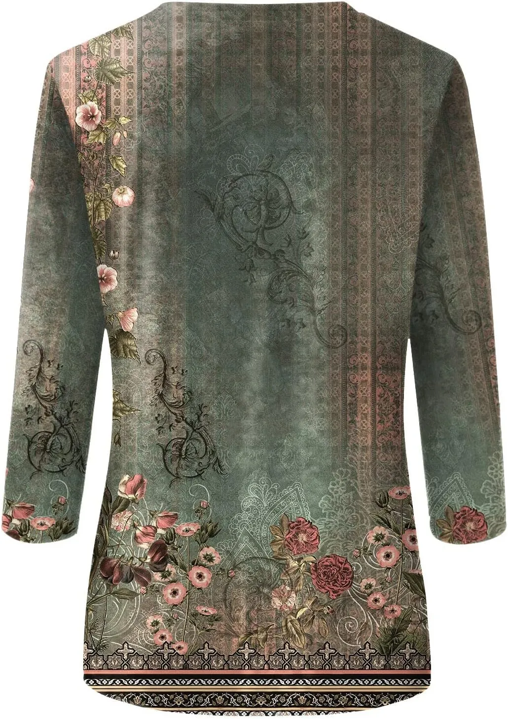 3/4 Length Sleeve Womens Tops Trendy Boho Floral Print Tunic Tops Dressy Casual Round Neck Loose Blouse