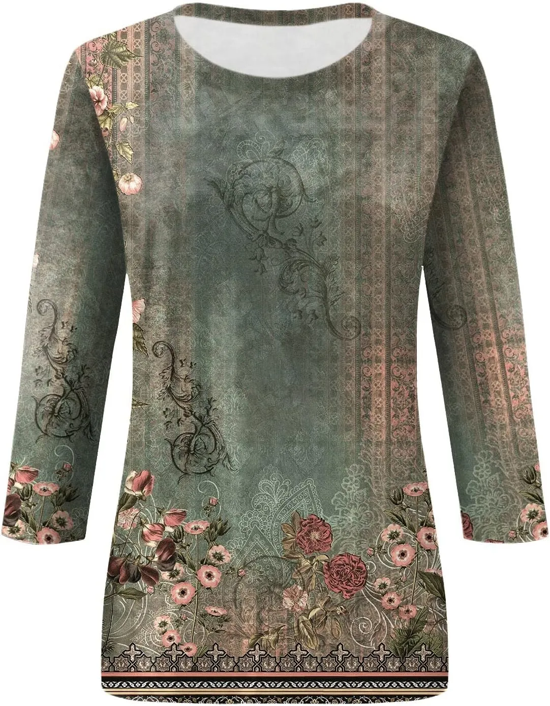 3/4 Length Sleeve Womens Tops Trendy Boho Floral Print Tunic Tops Dressy Casual Round Neck Loose Blouse