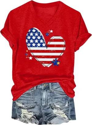 4th of July Shirts for Women Summer Graphic Tees Floral America Flag Patriotic Outfit V Neck Short Sleeve Tunic Tops