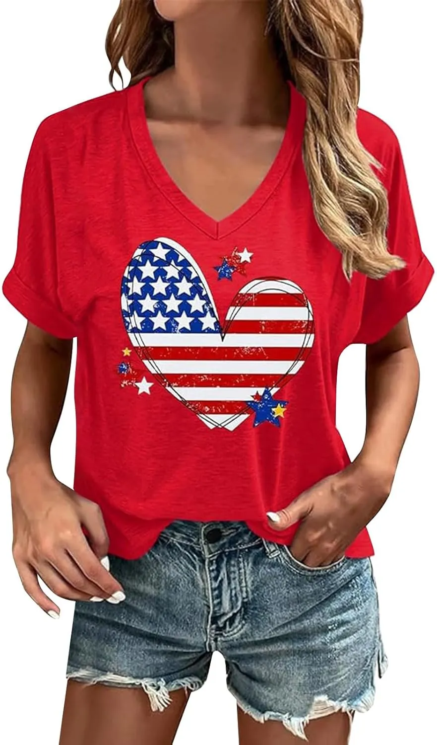 4th of July Shirts for Women Summer Graphic Tees Floral America Flag Patriotic Outfit V Neck Short Sleeve Tunic Tops