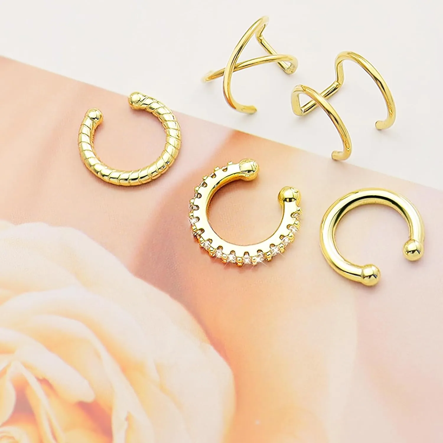 5 Pcs Thin Chunky Ear Cuff Earrings for Women 14K Gold Plated Brass Ear Cuffs Non Piercing Trendy Clip on Cartilage Earrings Cubic Zirconia Fake Piercings Earrings Jewelry