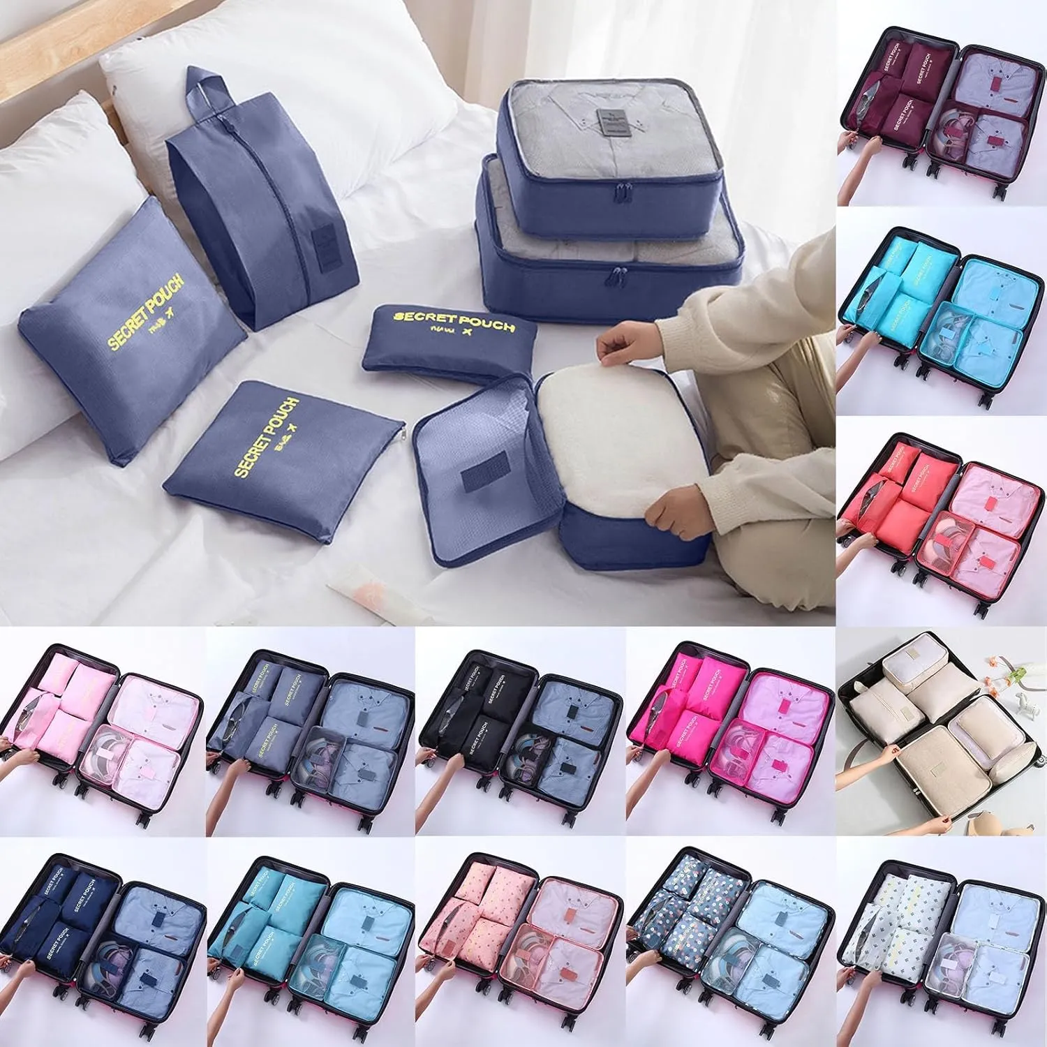 7 Set Packing Cubes for Suitcases, Travel Luggage Packing Organizers with Storage Shoe Bag, Clothing Underwear Bag, for Man & Women (G)