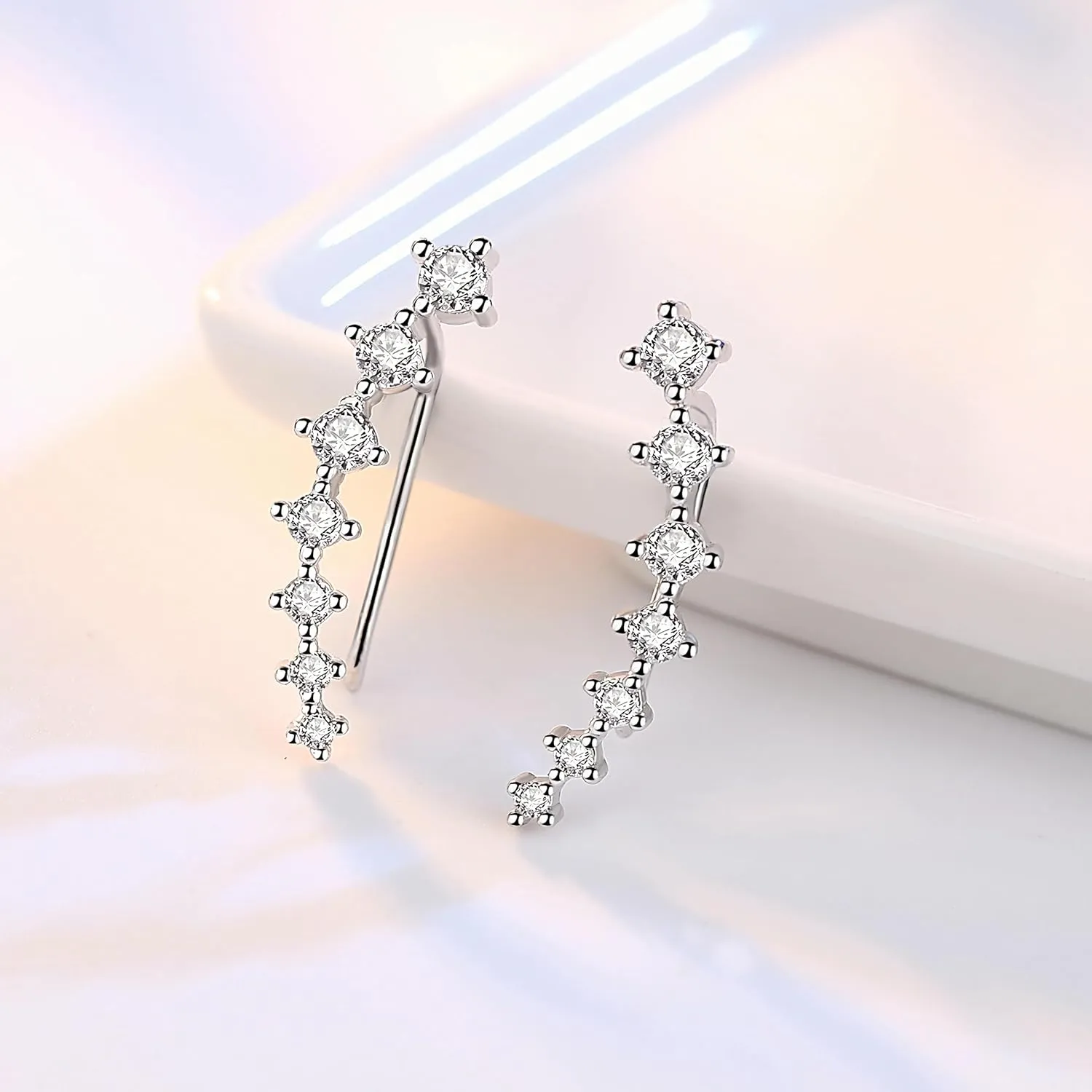 925 Sterling Silver 7 Crystals Ear Cuffs Hoop Climber Earring for Women, Cartilage Earrings with CZ Piercing Dainty Ear Crawler Earrings Mother's Day Birthday Christmas Jewelry Gift Graduation Gift