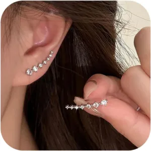 925 Sterling Silver 7 Crystals Ear Cuffs Hoop Climber Earring for Women, Cartilage Earrings with CZ Piercing Dainty Ear Crawler Earrings Mother's Day Birthday Christmas Jewelry Gift Graduation Gift
