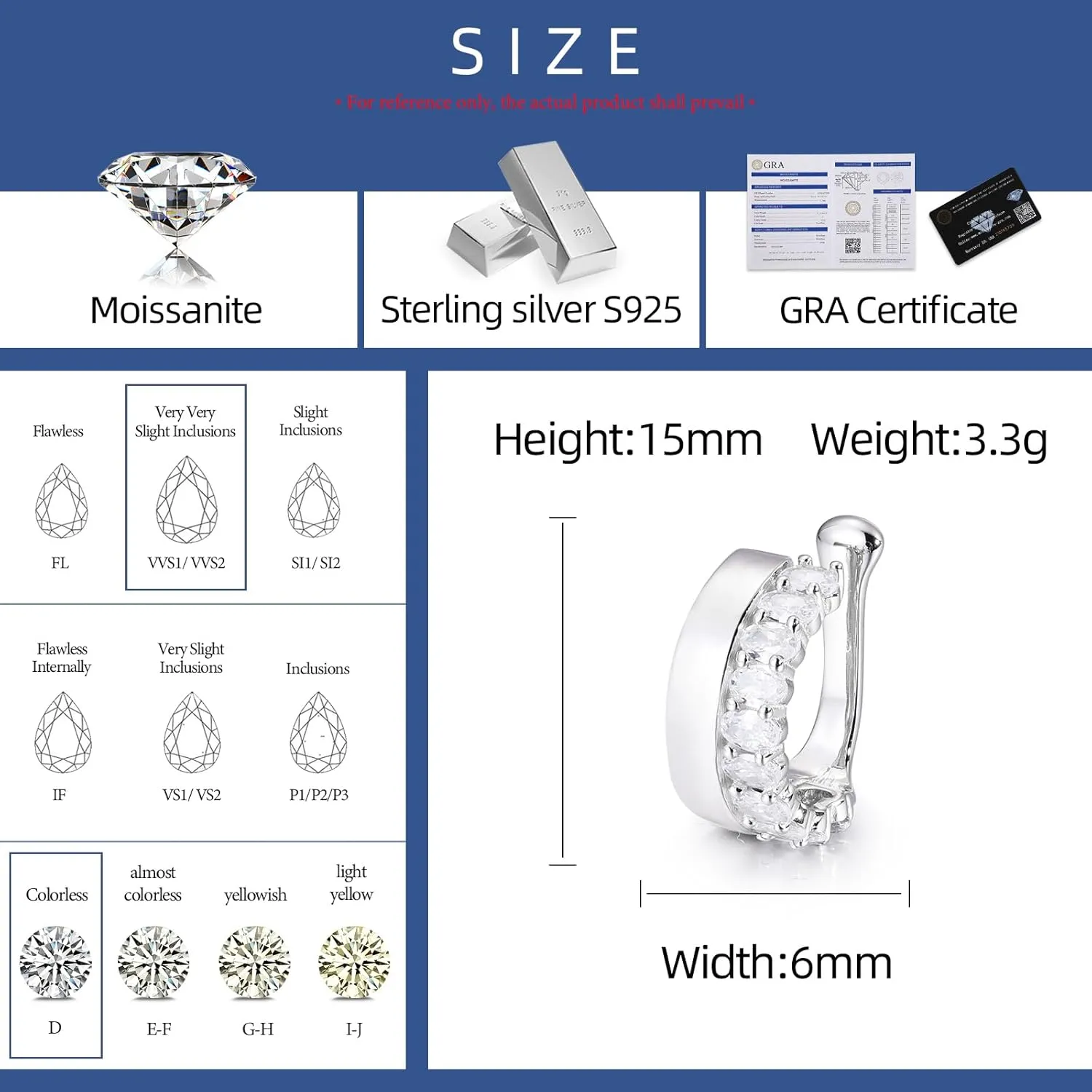 925 Sterling Silver ear-cuffs Earring for Women Men Moissanite/Zircon ear-cuffs Earrings 18K Gold Plated Stud Earrings D Color VVS1 Brilliant Cut Lab Created Diamond Earring