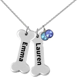925 Sterling Silver Personalized Birthstone Dog Bone Pendants Name Necklace Custom Made with 2 Names