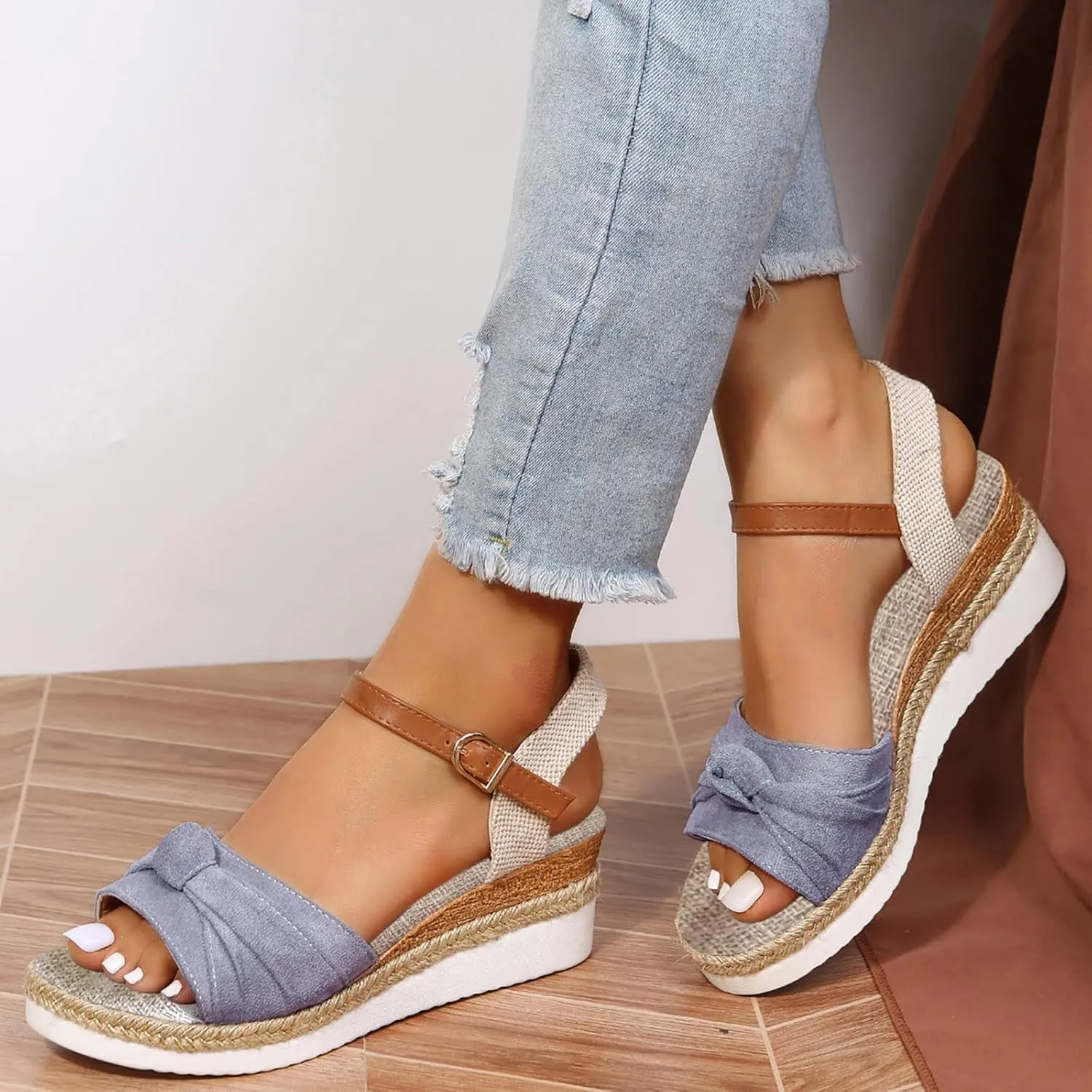 AMDBEL Orthopedic Wedge Sandals for Women Espadrille Sandals Dressy Open Toe Ankle Strap Heel Fashion Strappy Beach Shoes
