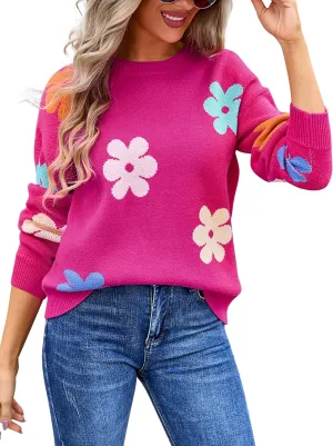 Angashion Womens Sweaters Flower Print - Crewneck Knitted Long Sleeve Sweaters Fall Winter Pullover Casual Top