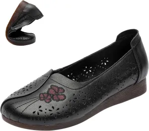 AngryMonkey Women's Slip on Summer Leather Flats,Comfort Hollow Breathable Closed Toe Non-slip Soft Sole Dress Oxford Casual Shoes