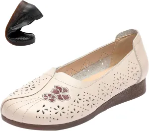 AngryMonkey Women's Slip on Summer Leather Flats,Comfort Hollow Breathable Closed Toe Non-slip Soft Sole Dress Oxford Casual Shoes
