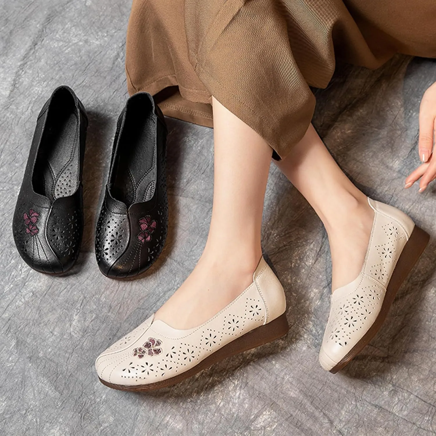 AngryMonkey Women's Slip on Summer Leather Flats,Comfort Hollow Breathable Closed Toe Non-slip Soft Sole Dress Oxford Casual Shoes