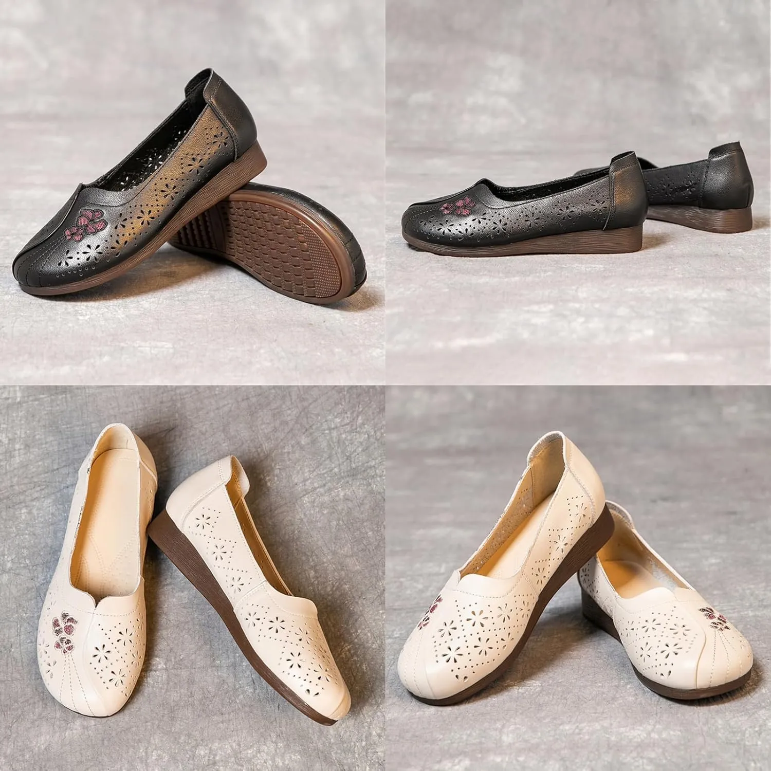 AngryMonkey Women's Slip on Summer Leather Flats,Comfort Hollow Breathable Closed Toe Non-slip Soft Sole Dress Oxford Casual Shoes
