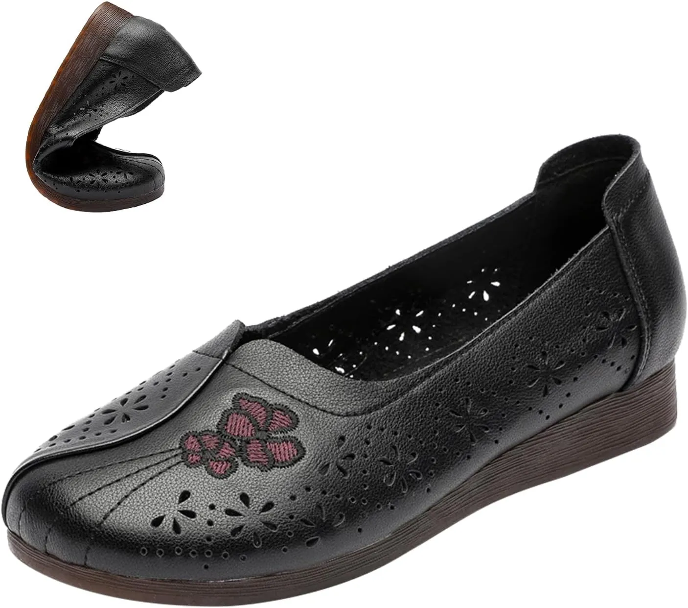 AngryMonkey Women's Slip on Summer Leather Flats,Comfort Hollow Breathable Closed Toe Non-slip Soft Sole Dress Oxford Casual Shoes