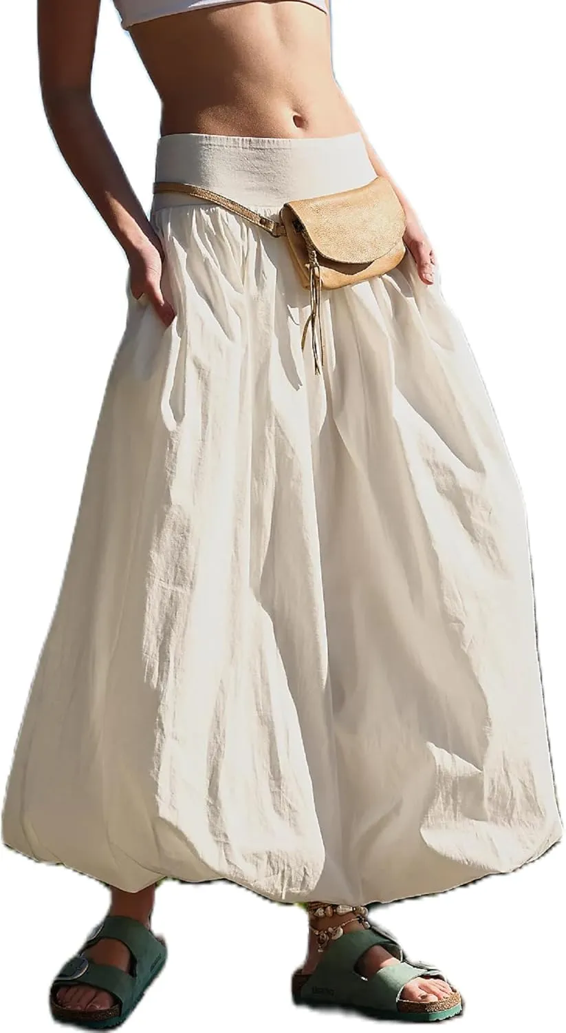 Aonoapll Y2k Women Bubble Maxi Skirt Casual Elastic Low Waist Flowy A Line Long Skirt Summer Ruffle Balloon Skirt