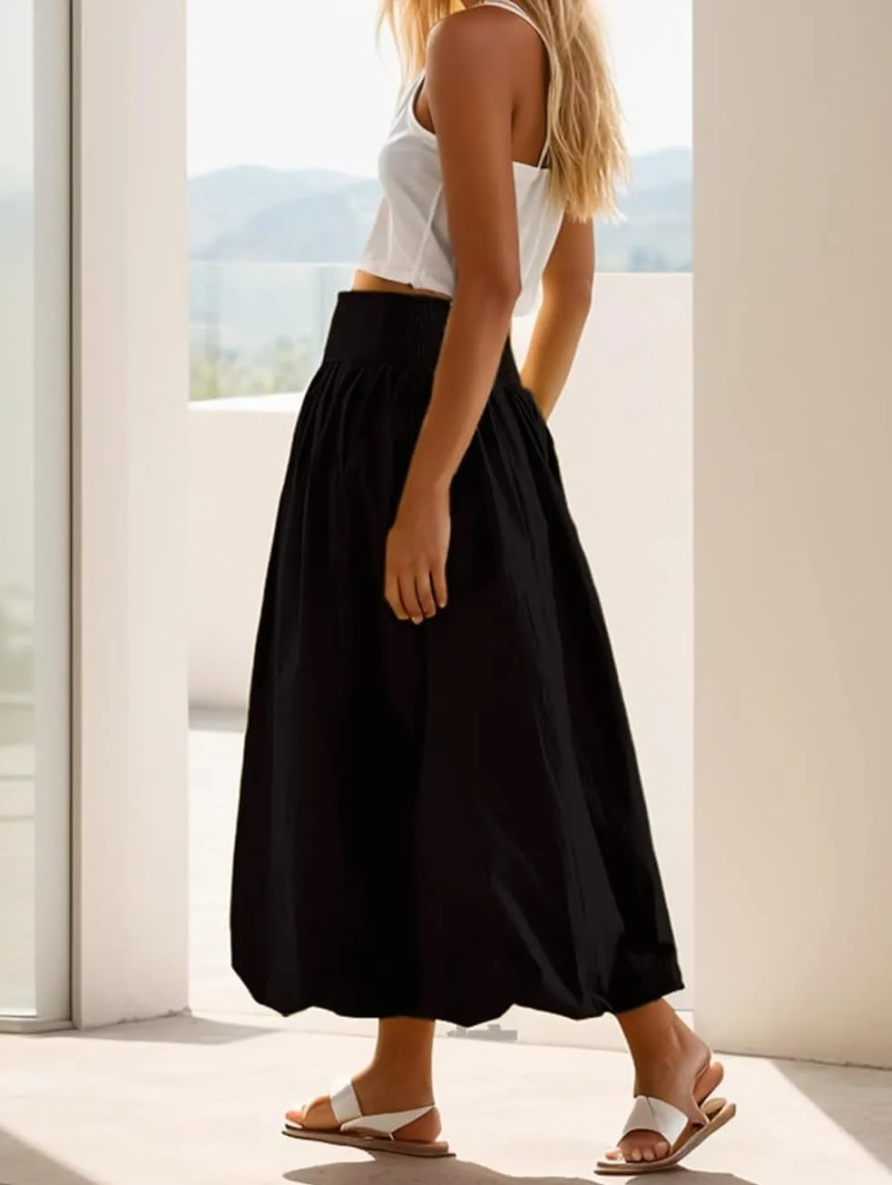 Aonoapll Y2k Women Bubble Maxi Skirt Casual Elastic Low Waist Flowy A Line Long Skirt Summer Ruffle Balloon Skirt