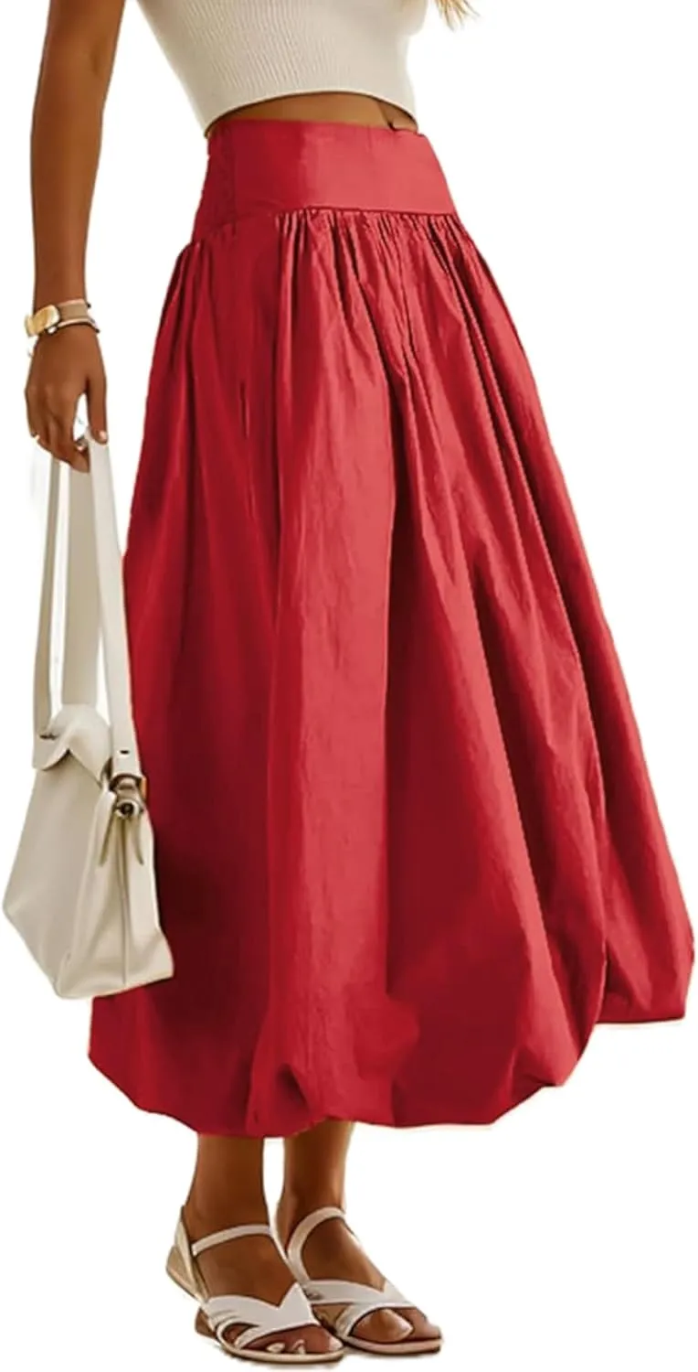 Aonoapll Y2k Women Bubble Maxi Skirt Casual Elastic Low Waist Flowy A Line Long Skirt Summer Ruffle Balloon Skirt