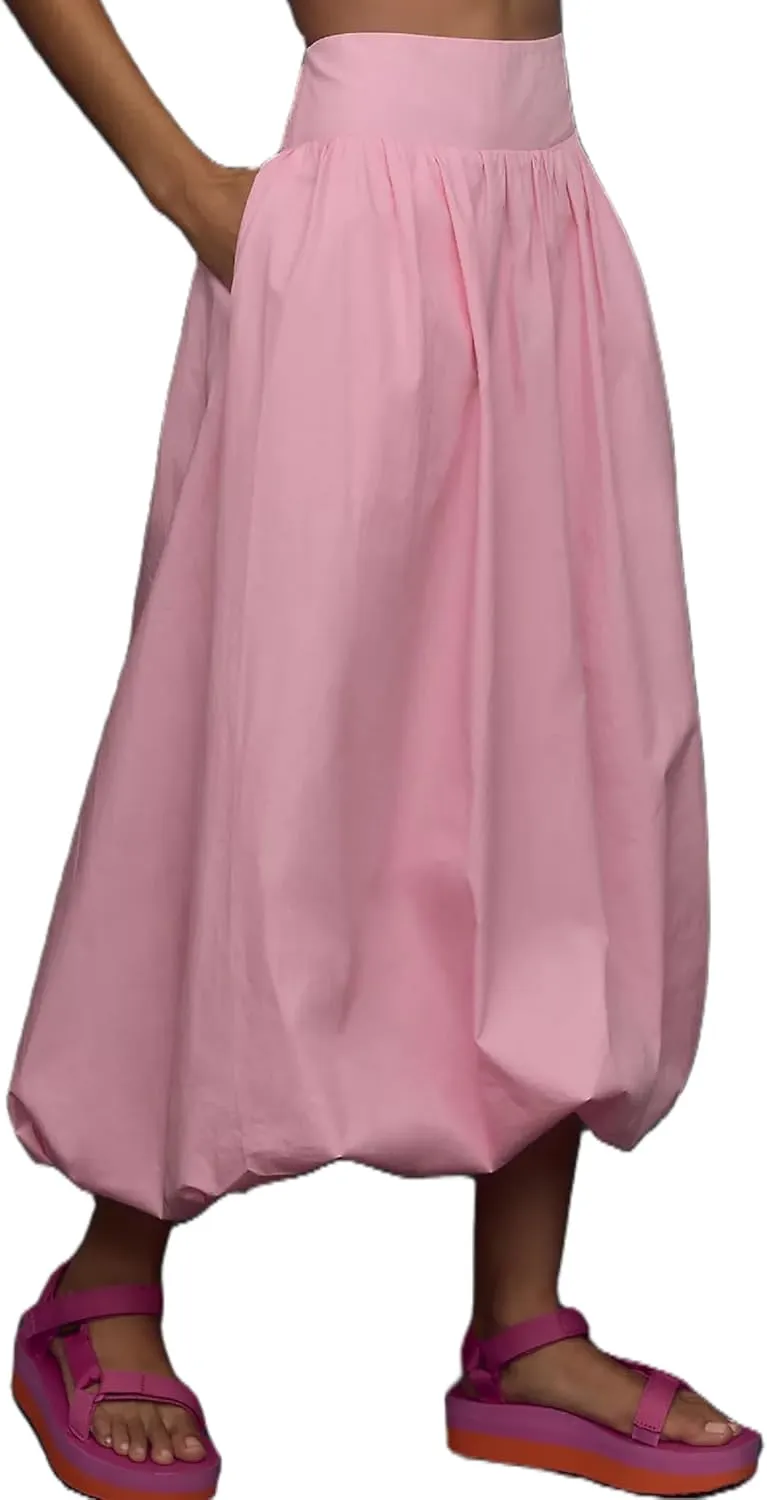 Aonoapll Y2k Women Bubble Maxi Skirt Casual Elastic Low Waist Flowy A Line Long Skirt Summer Ruffle Balloon Skirt
