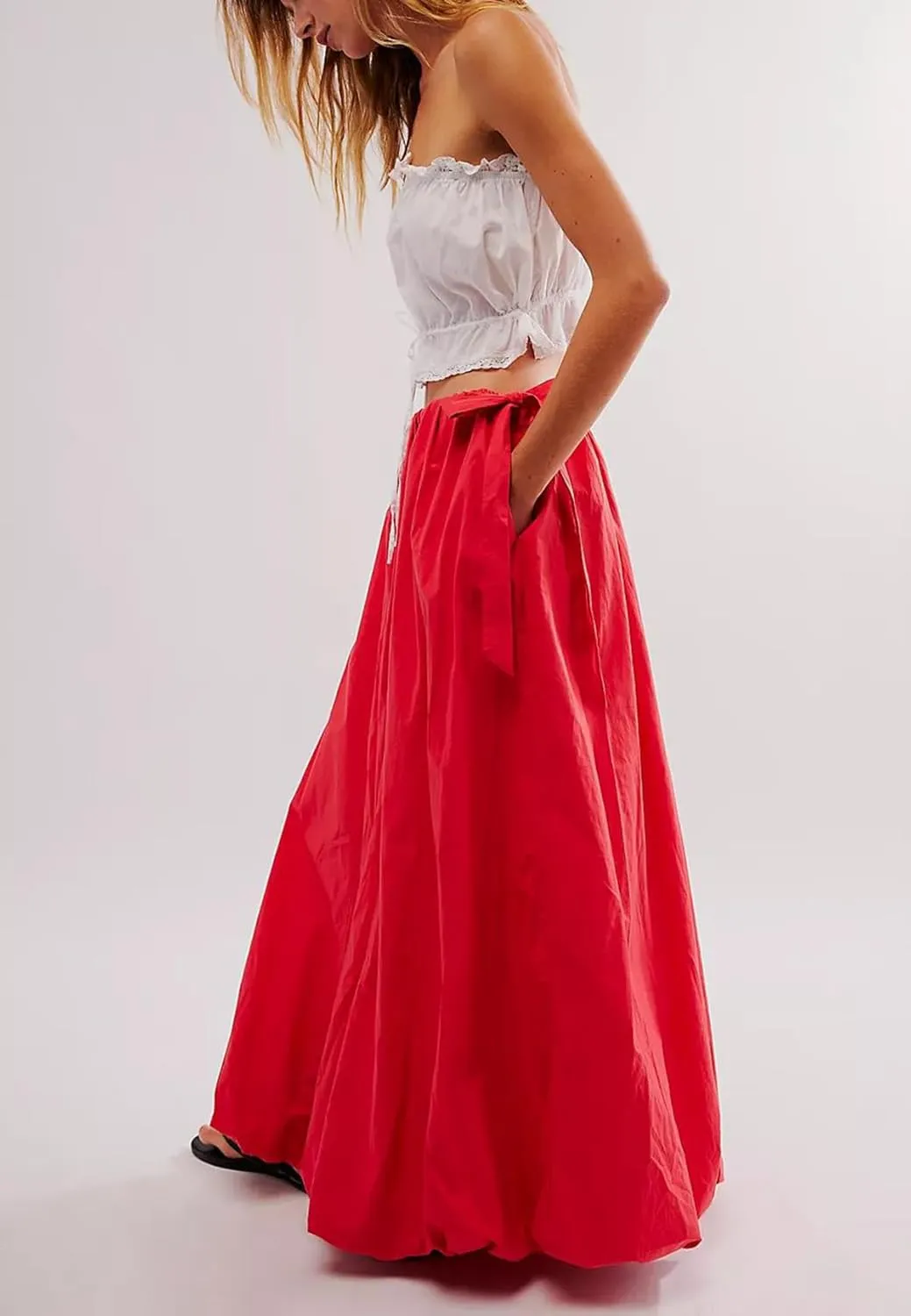 Awoscut Women Y2K Bubble Maxi Skirt Casual Low Waist Flowy A Line Long Skirt Summer Balloon Skirt with Pocket