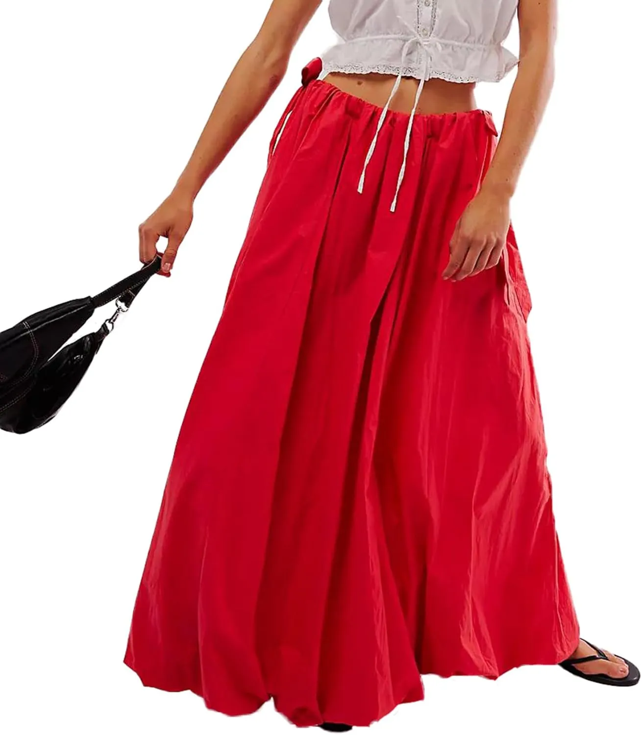 Awoscut Women Y2K Bubble Maxi Skirt Casual Low Waist Flowy A Line Long Skirt Summer Balloon Skirt with Pocket