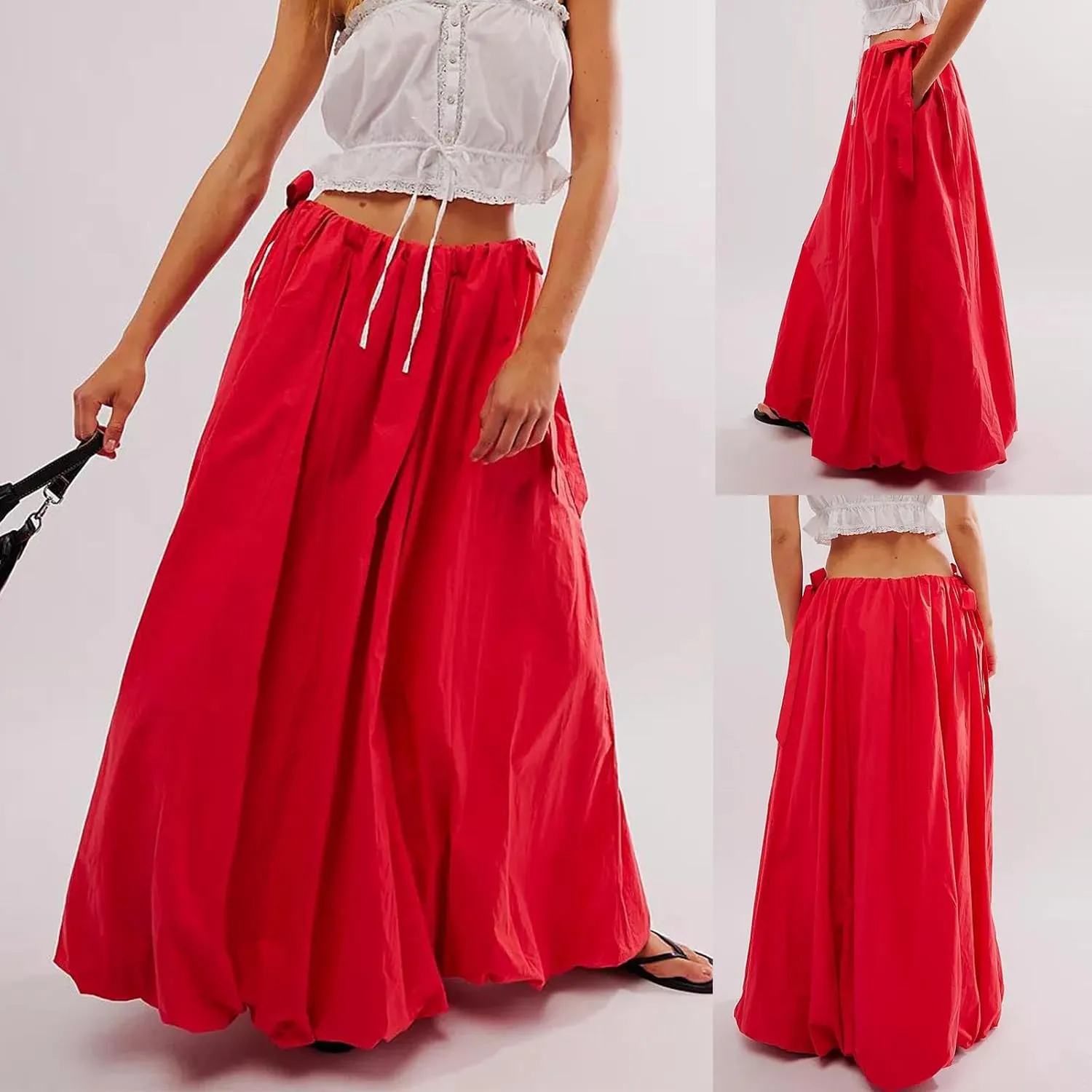 Awoscut Women Y2K Bubble Maxi Skirt Casual Low Waist Flowy A Line Long Skirt Summer Balloon Skirt with Pocket