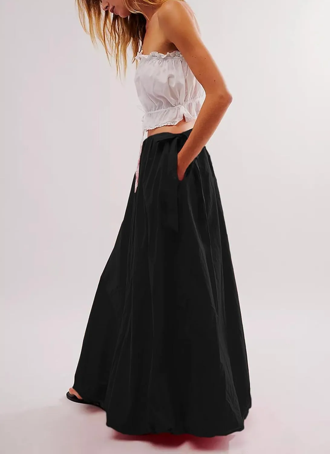 Awoscut Women Y2K Bubble Maxi Skirt Casual Low Waist Flowy A Line Long Skirt Summer Balloon Skirt with Pocket