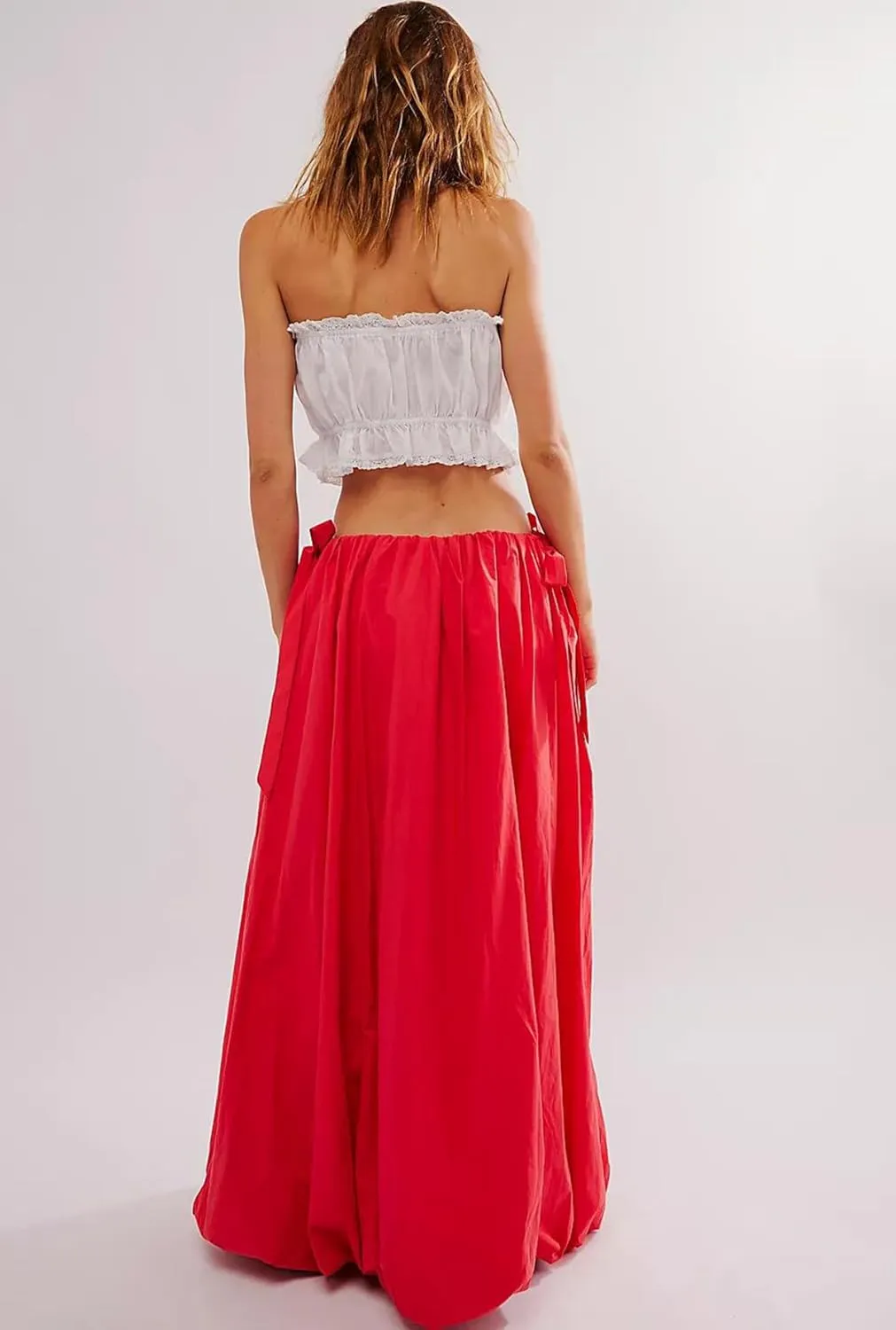 Awoscut Women Y2K Bubble Maxi Skirt Casual Low Waist Flowy A Line Long Skirt Summer Balloon Skirt with Pocket