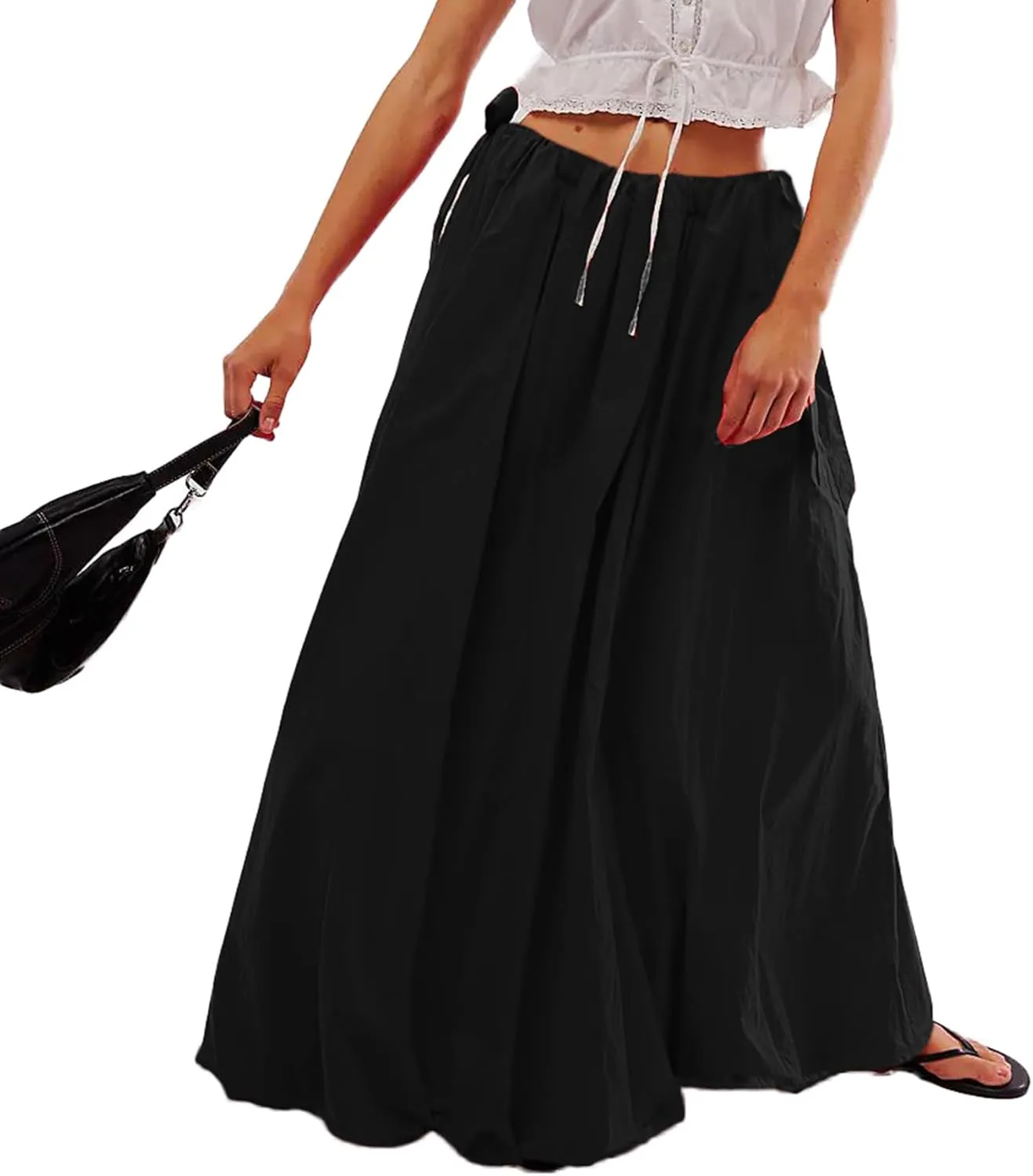 Awoscut Women Y2K Bubble Maxi Skirt Casual Low Waist Flowy A Line Long Skirt Summer Balloon Skirt with Pocket