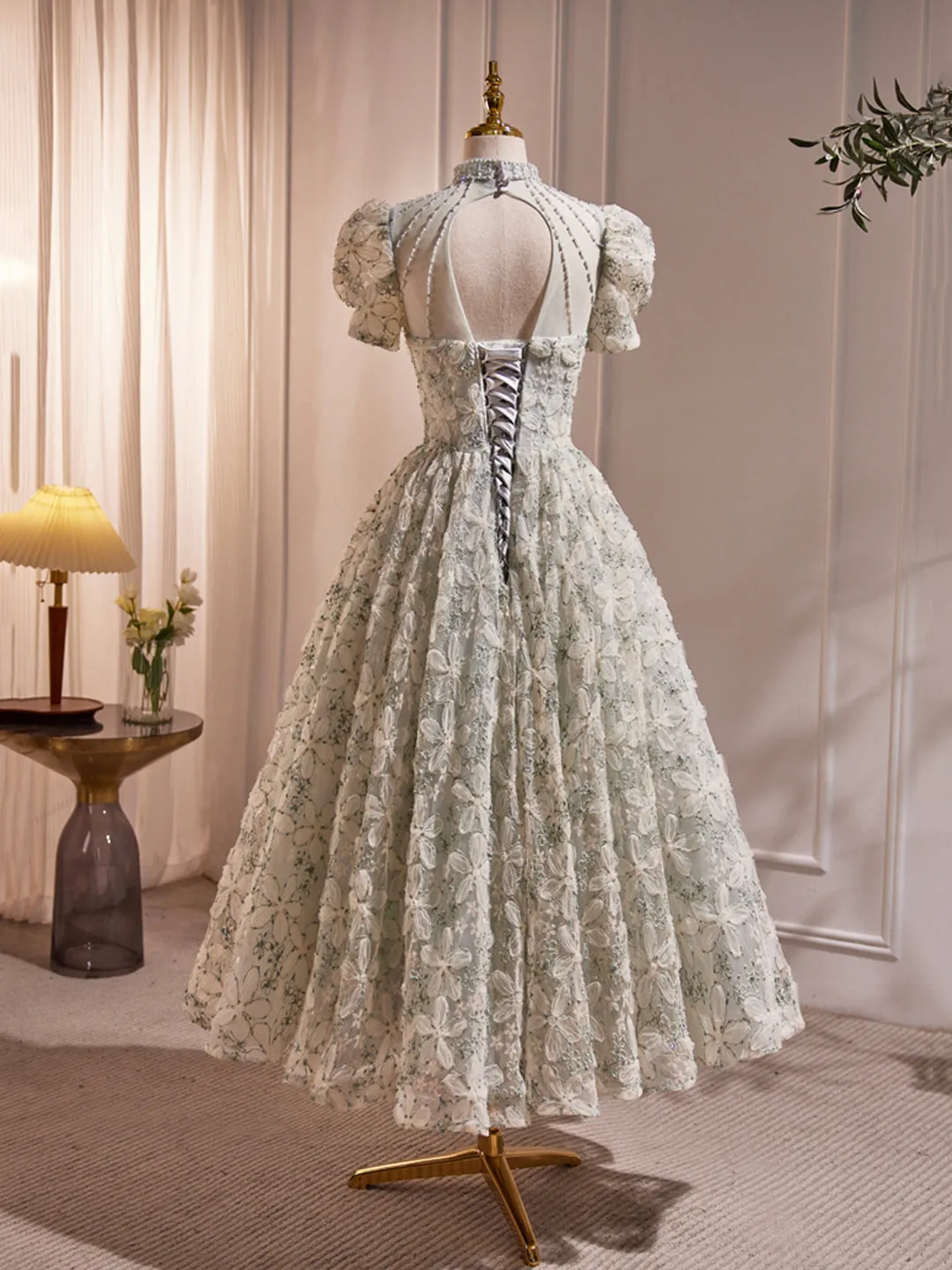 Beautiful Beading Pearl Sequins Green Prom Dresses High Neckline Tea Length Sage Green Party Dress