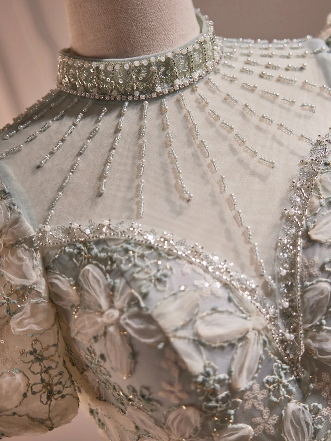 Beautiful Beading Pearl Sequins Green Prom Dresses High Neckline Tea Length Sage Green Party Dress