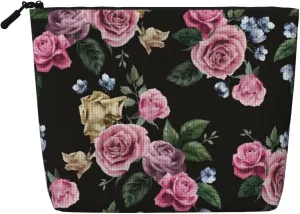Black Blackgound Rose Print Cosmetic Bags for Women Large Capacity Purse Travel Toiletry Zipper Storage Pouch