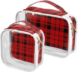 Black Red Plaids 2 Pieces Clear Makeup Cosmetic Bags for Traveling Vacation Organizing, Toiletry Bags for Women Men, PVC Waterproof Travel Organizer