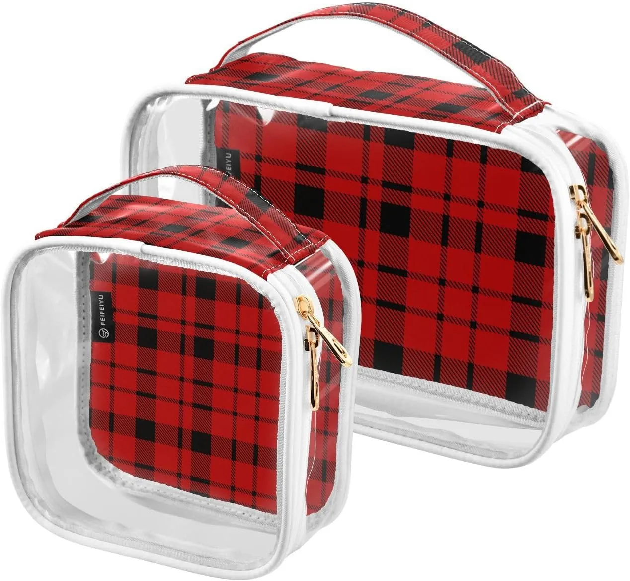 Black Red Plaids 2 Pieces Clear Makeup Cosmetic Bags for Traveling Vacation Organizing, Toiletry Bags for Women Men, PVC Waterproof Travel Organizer