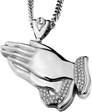 Bling Cartel Huge Praying Hands Iced Pendant Necklace Silver Tone Cuban Link Hip Hop Chain 30" inch