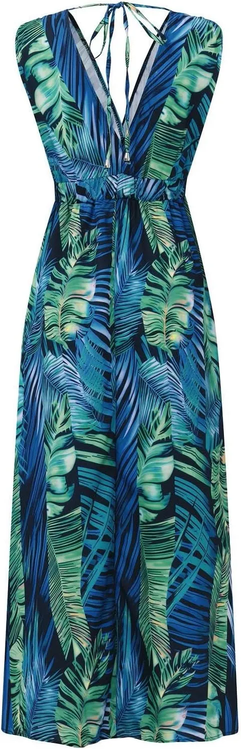 Boho Dresses for Women 2025 Summer Casual Floral Tropical Wrap Sleeveless High Waisted Sexy Flowy Beach Maxi Dresses