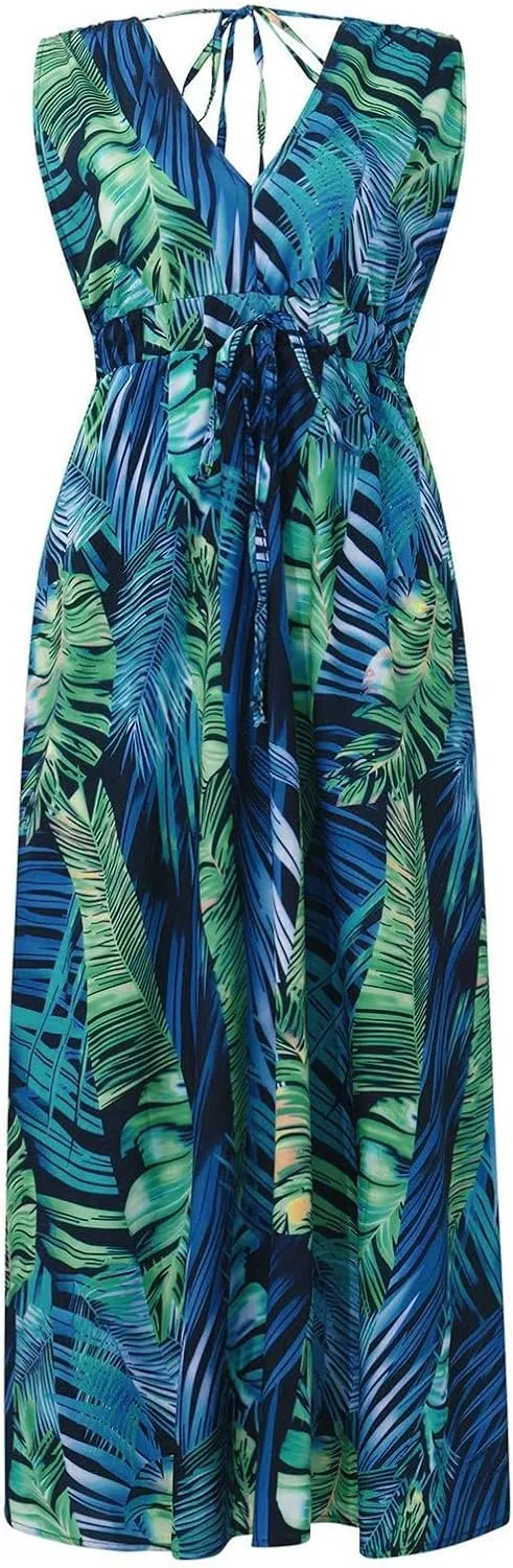 Boho Dresses for Women 2025 Summer Casual Floral Tropical Wrap Sleeveless High Waisted Sexy Flowy Beach Maxi Dresses