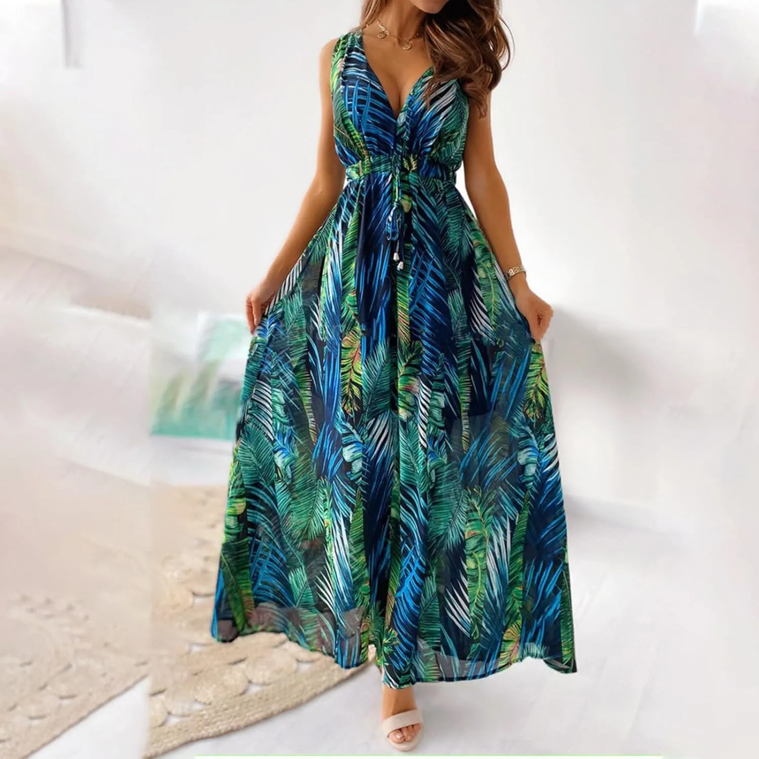 Boho Dresses for Women 2025 Summer Casual Floral Tropical Wrap Sleeveless High Waisted Sexy Flowy Beach Maxi Dresses