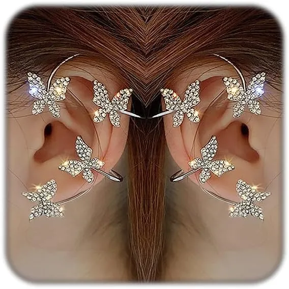 Butterfly Zircon Earring for Women No Piercing Trendy Gold Silver Butterfly Ear Cuff Earrings Sparkle Rhinestone Butterfly Ear Cuffs For Bridal Wedding Climber Ear Wrap Prom Jewelry