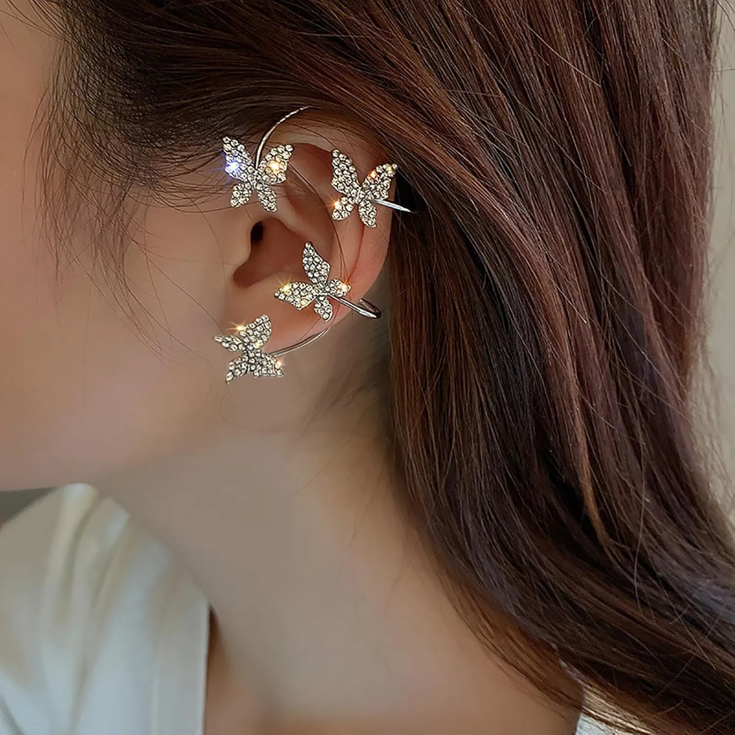 Butterfly Zircon Earring for Women No Piercing Trendy Gold Silver Butterfly Ear Cuff Earrings Sparkle Rhinestone Butterfly Ear Cuffs For Bridal Wedding Climber Ear Wrap Prom Jewelry