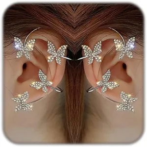 Butterfly Zircon Earring for Women No Piercing Trendy Gold Silver Butterfly Ear Cuff Earrings Sparkle Rhinestone Butterfly Ear Cuffs For Bridal Wedding Climber Ear Wrap Prom Jewelry